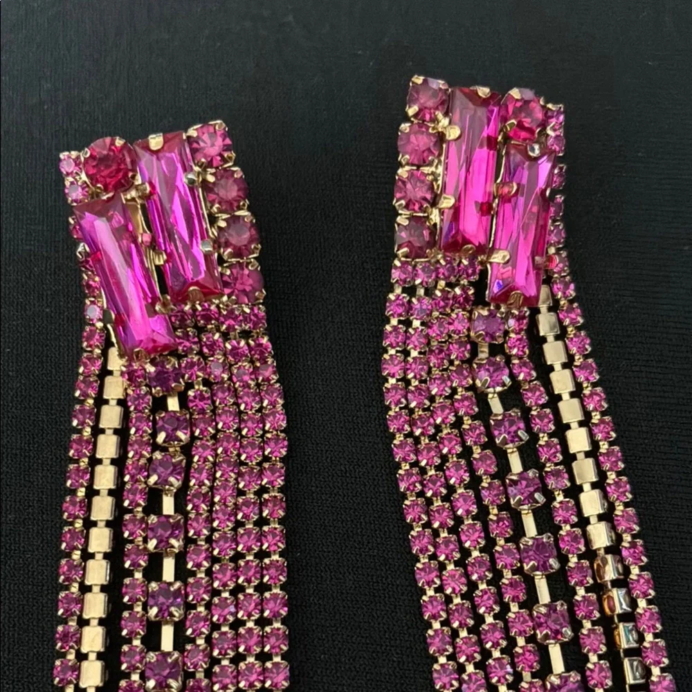 Elegant Pink Rhinestone & Gold Tone Dangle Earrings
